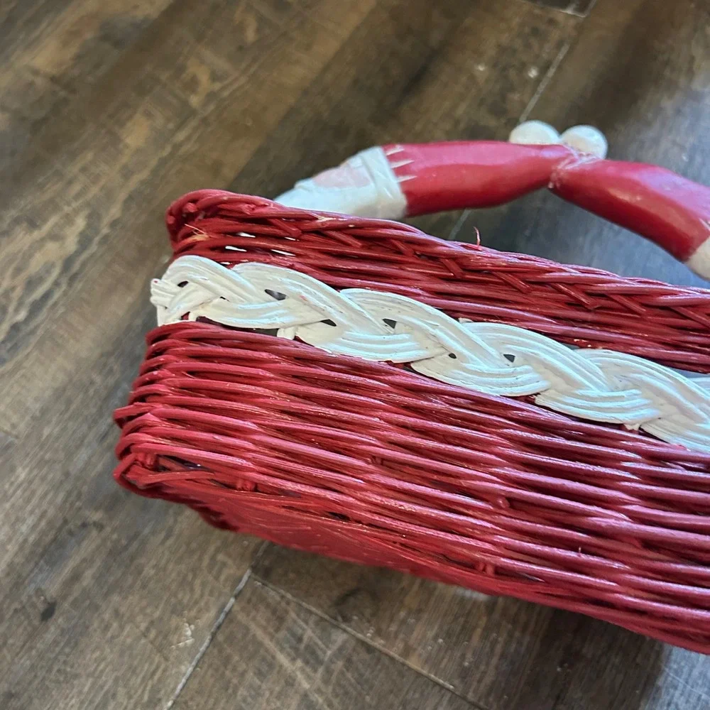 Vintage Style Christmas Santa Claus Wooden Wicker Basket Red White Holiday  10in